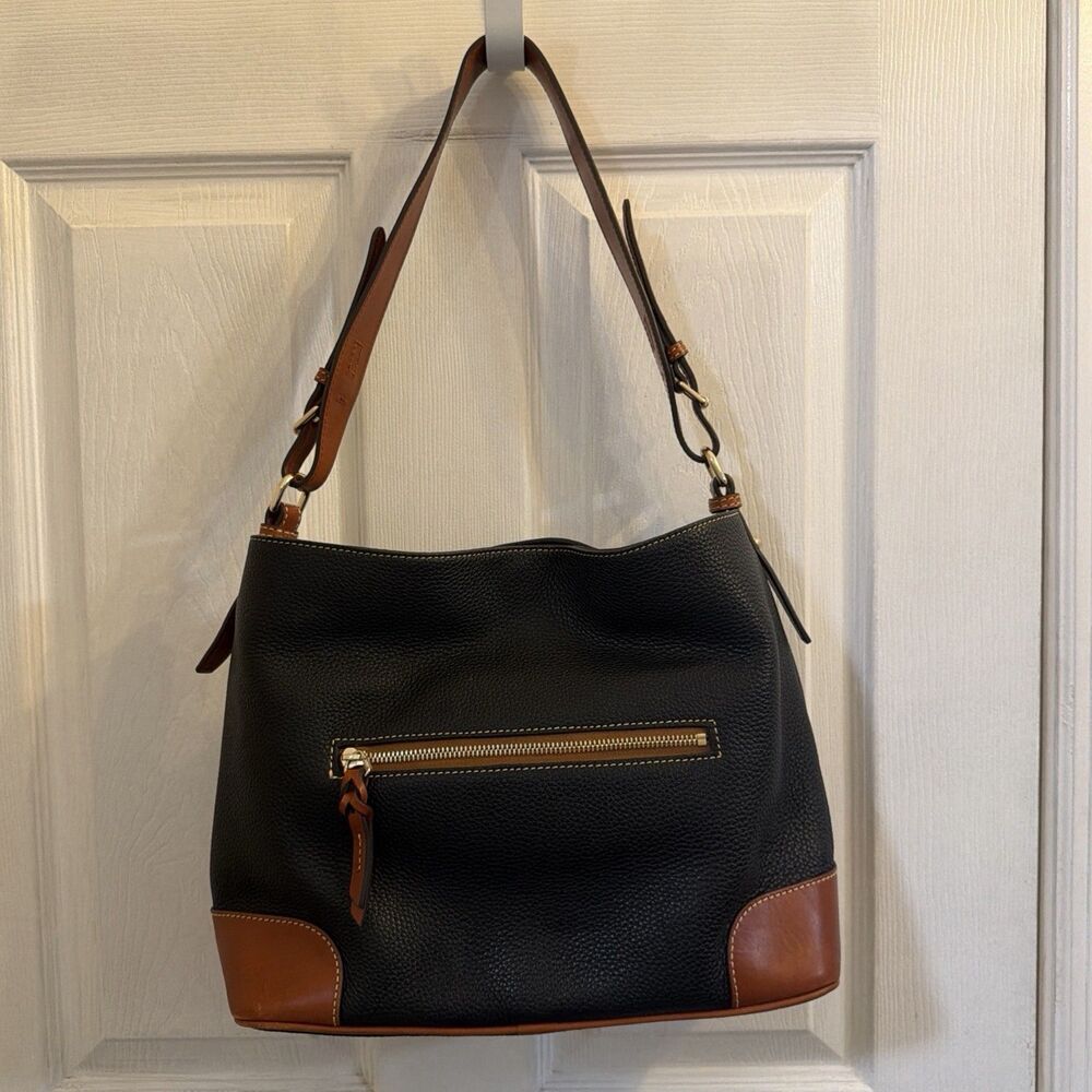 Dooney & Bourke Black Pebbled Leather Brown Trim Large Hobo Shoulder Bag - Picture 9 of 9